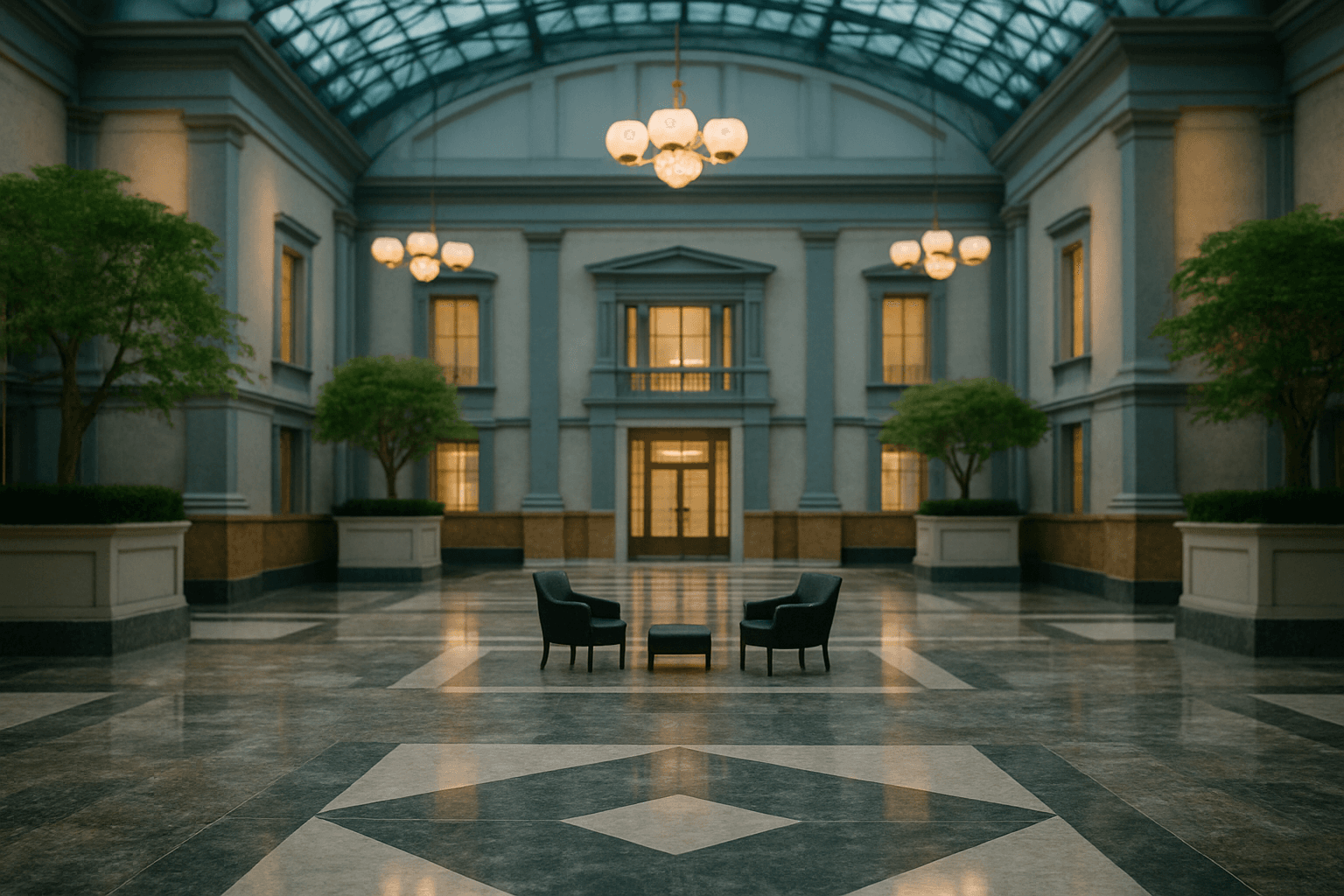 Luxury hotel lobby with elegant marble flooring and glass ceiling