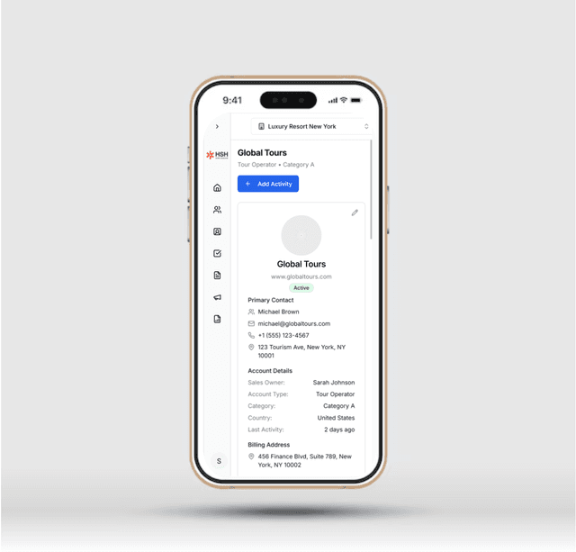 Hotel Sales Hub mobile app interface showing tour operator profile