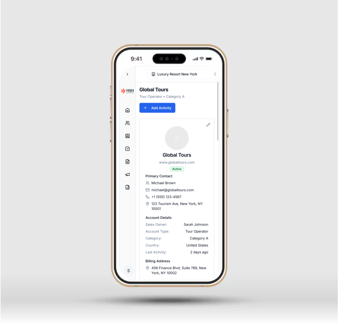 Hotel Sales Hub mobile app interface showing tour operator profile